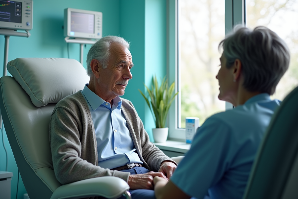 Patient âgé en traitement de cancer avec infirmière vérifiant son infusion
