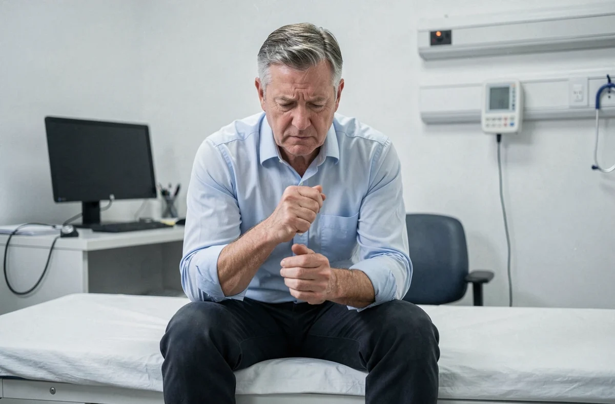 Patient âgé assis dans une salle de consultation médicale préoccupé par ses symptômes