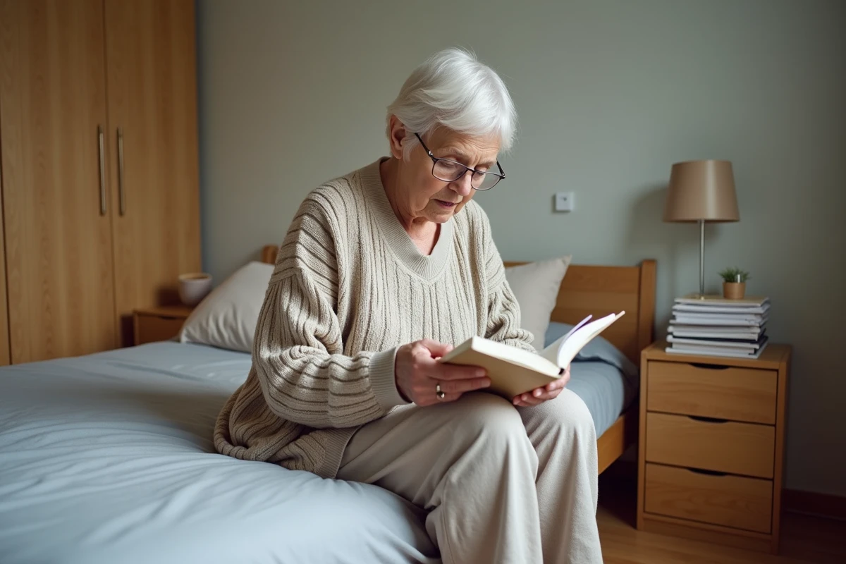 Femme âgée examinant un plan de soins dans sa chambre à domicile