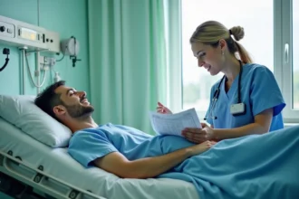 Patient allongé en hospitalisation avec infirmière vérifiant la zone sacrale