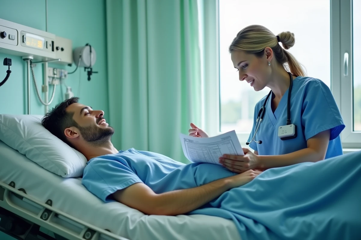 Patient allongé en hospitalisation avec infirmière vérifiant la zone sacrale