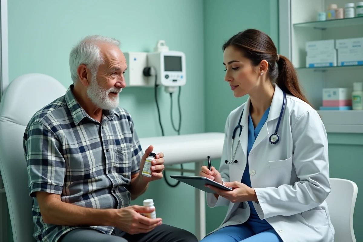 Patient senior et médecin discutant d'un supplément articulaire lors d'une consultation médicale