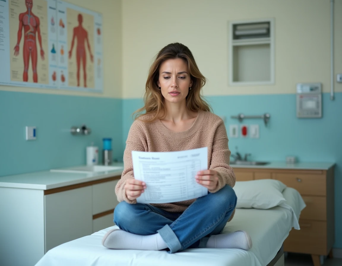 Patiente lisant ses résultats sérologiques positifs pour l'EBV dans un cabinet médical