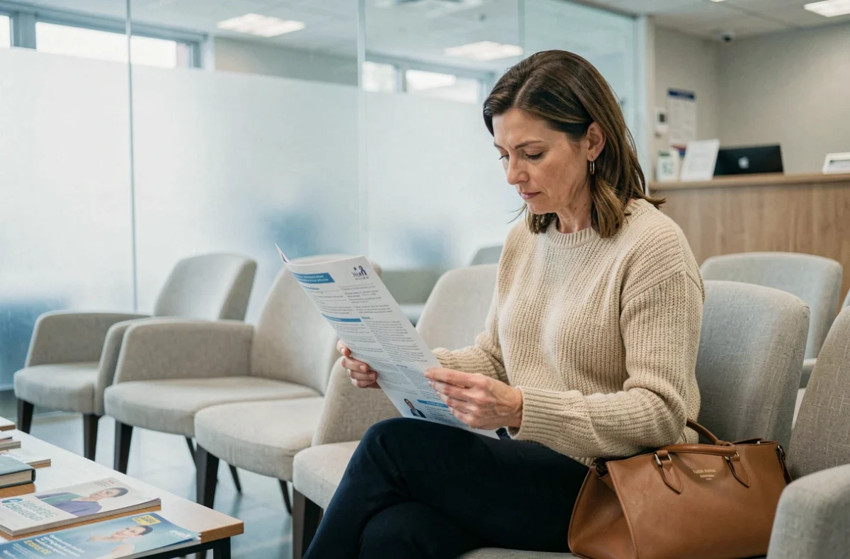 Patiente lisant une brochure d'information sur le polype utérin dans une salle d'attente gynécologique moderne