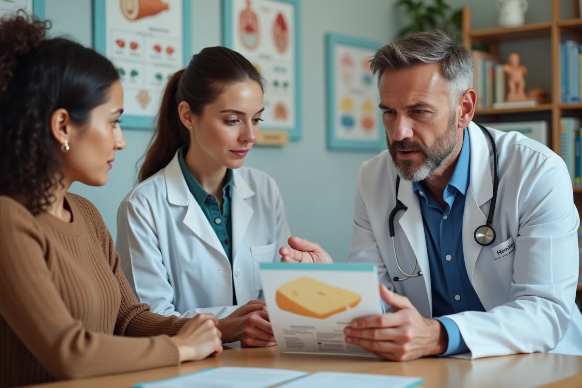 Pediatre expliquant la sécurité alimentaire à un couple