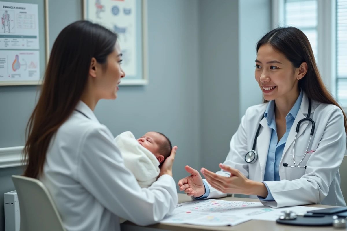 Pédiatre expliquant les risques de la scarlatine à une jeune mère tenant son nouveau-né en consultation