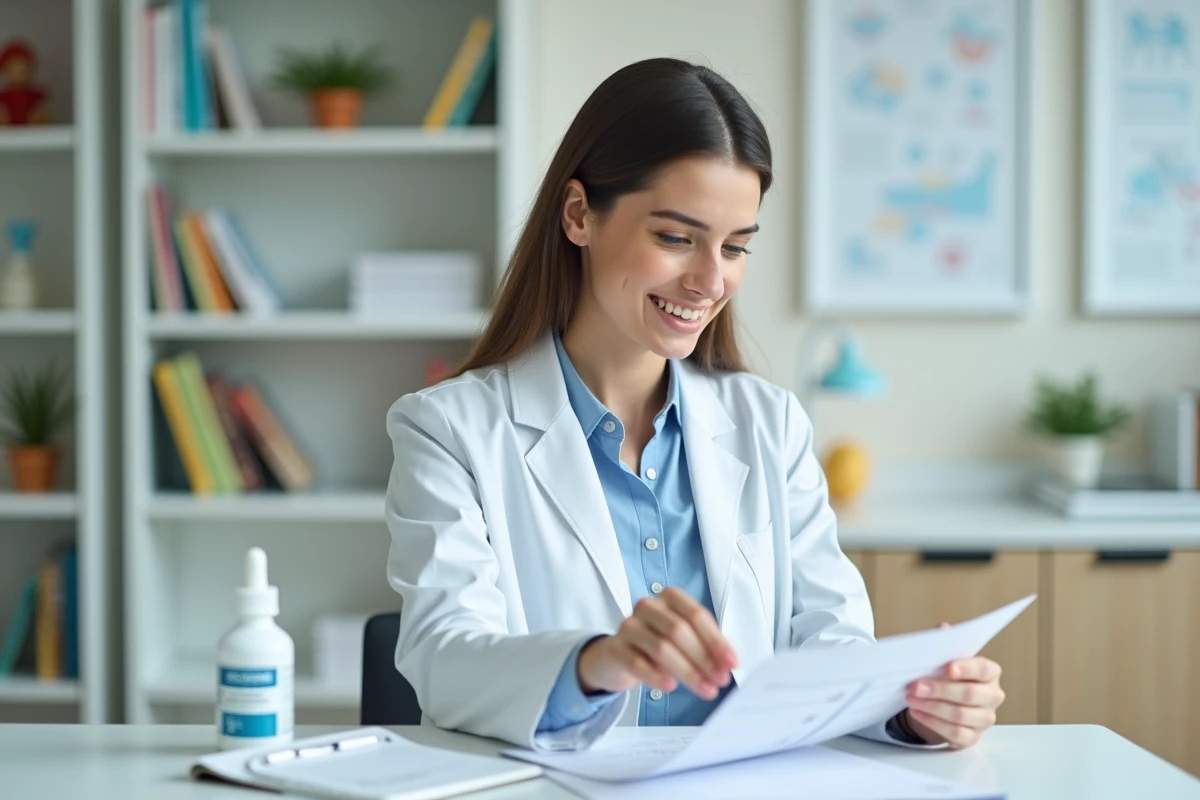 Jeune pediatre pointant un dosage CELESTENE dans un cabinet