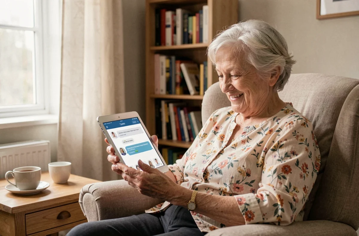 Personne âgée consultant les messages de son équipe soignante via un portail famille sur tablette à domicile