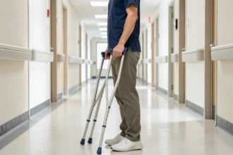 Personne debout avec une paire de béquilles dans un couloir lumineux