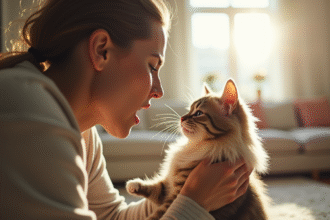 Personne reniflant un chat pelucheux dans un salon lumineux
