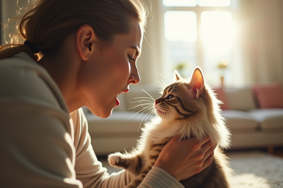 Personne reniflant un chat pelucheux dans un salon lumineux