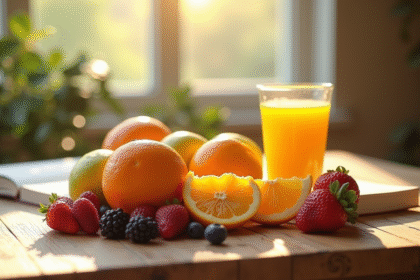 Table en bois avec fruits riches en vitamine D et jus d'orange