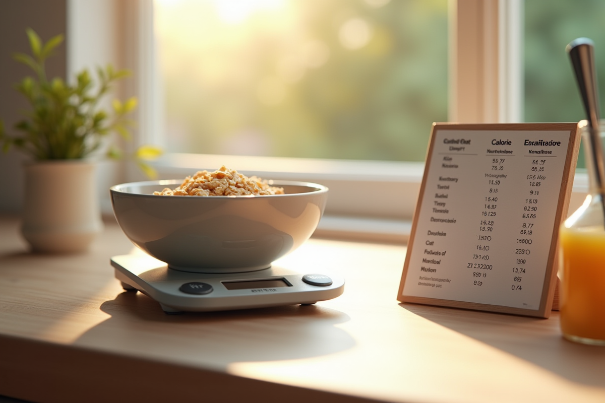 Petit déjeuner sain avec balance numérique et graphique nutrition