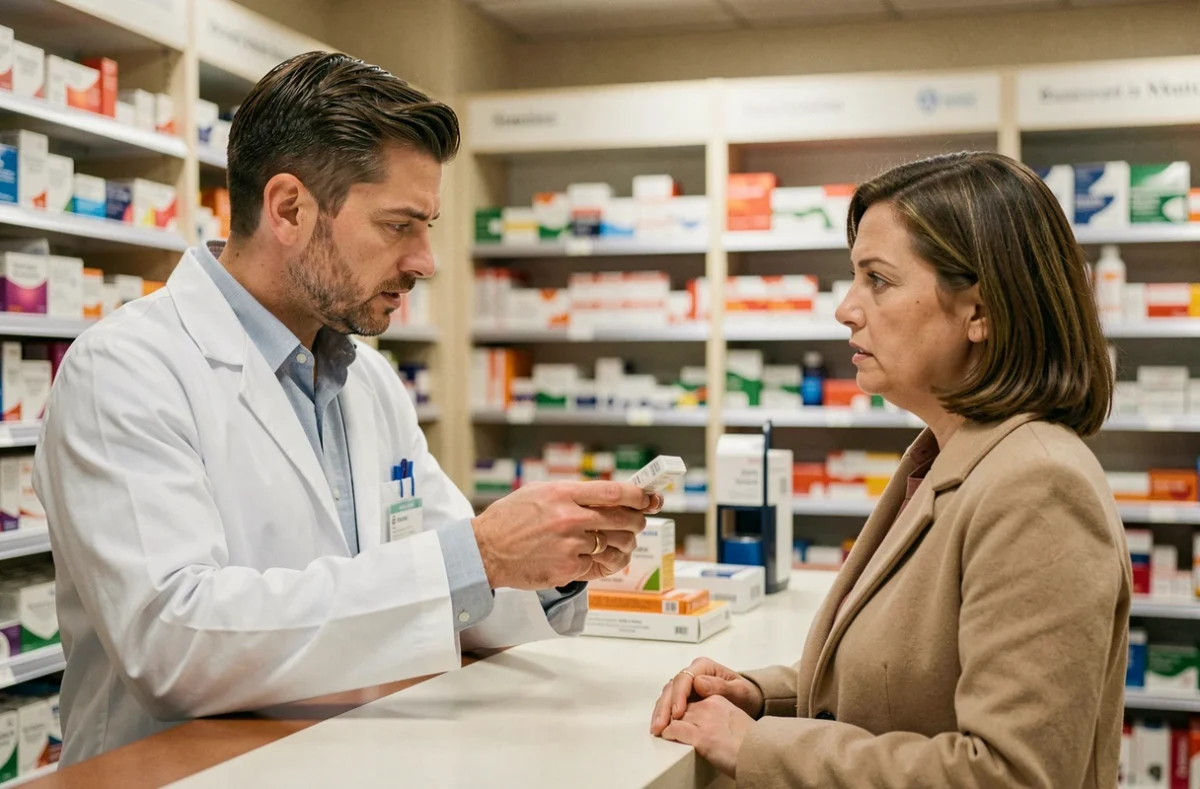 Pharmacien expliquant les effets secondaires d'un médicament à une patiente en pharmacie