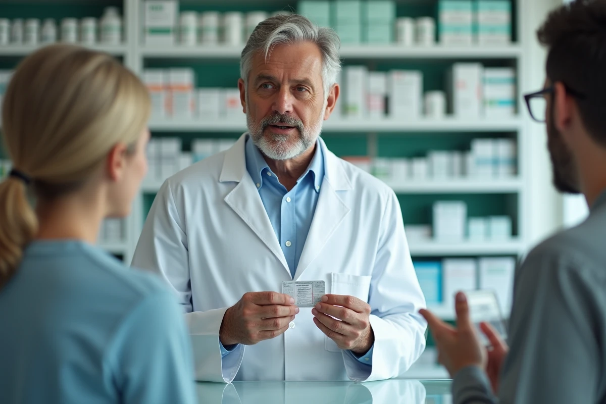 Pharmacien expliquant la durée et le suivi d'un traitement médicamenteux à un patient