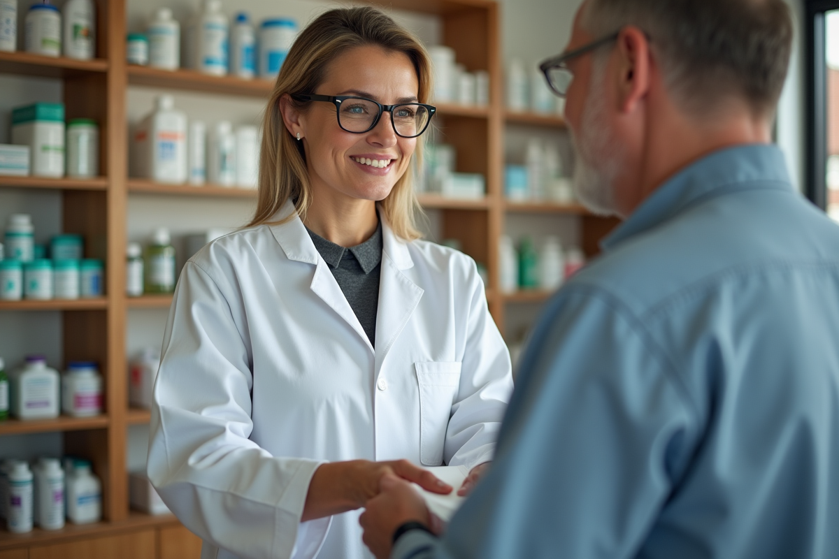 Pharmacienne aidant un patient dans une pharmacie chaleureuse