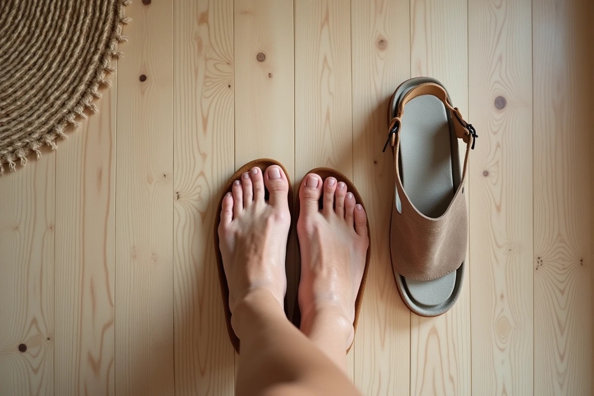 Vue de dessus de pieds nus adultes à côté de sandales orthopédiques usées, représentant la gestion quotidienne de l'épine calcanéenne à domicile
