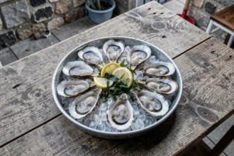 Plateau d'huîtres fraîches sur glace pilée dans un restaurant côtier, accompagnées de citron et de sauce mignonette