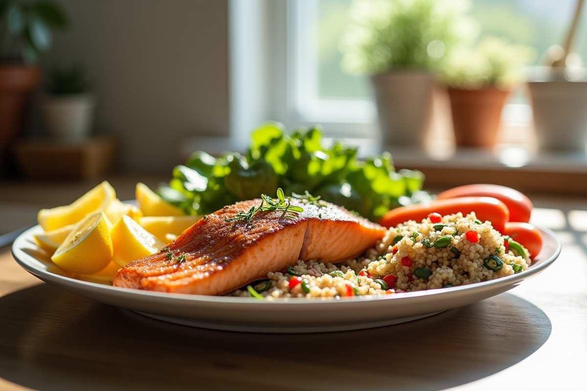 Assiette colorée de saumon grillé quinoa et légumes dans une cuisine ensoleillée
