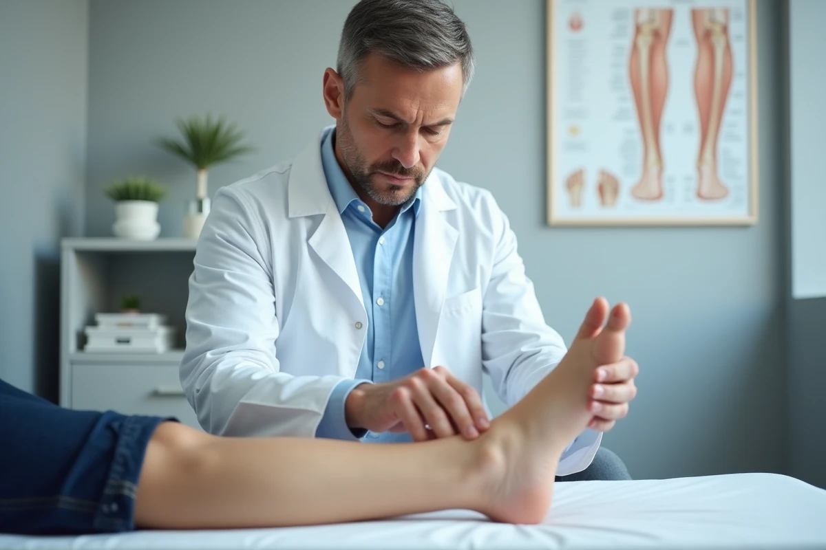 Podologue examinant le talon d'un patient en cabinet médical pour diagnostiquer une épine calcanéenne et recommander une semelle orthopédique adaptée