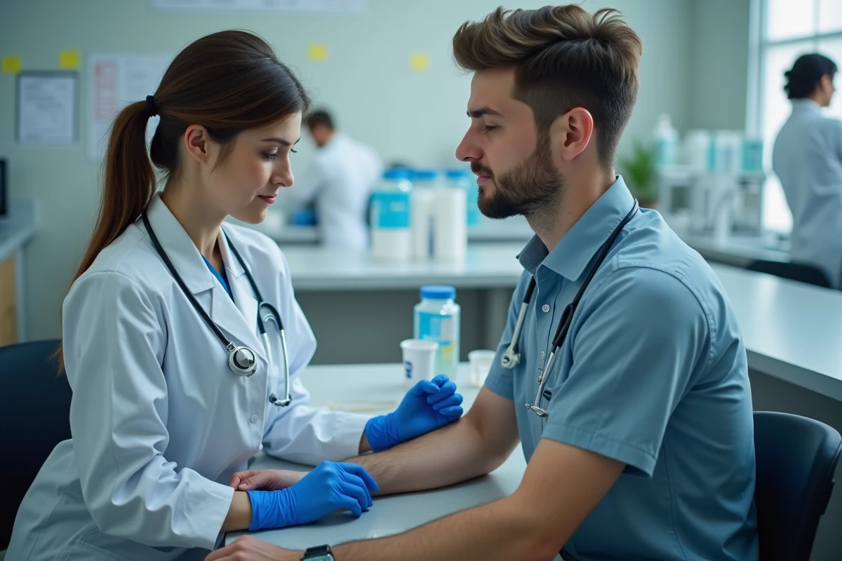 Jeune homme lors d’un prélèvement sanguin par une infirmière en laboratoire
