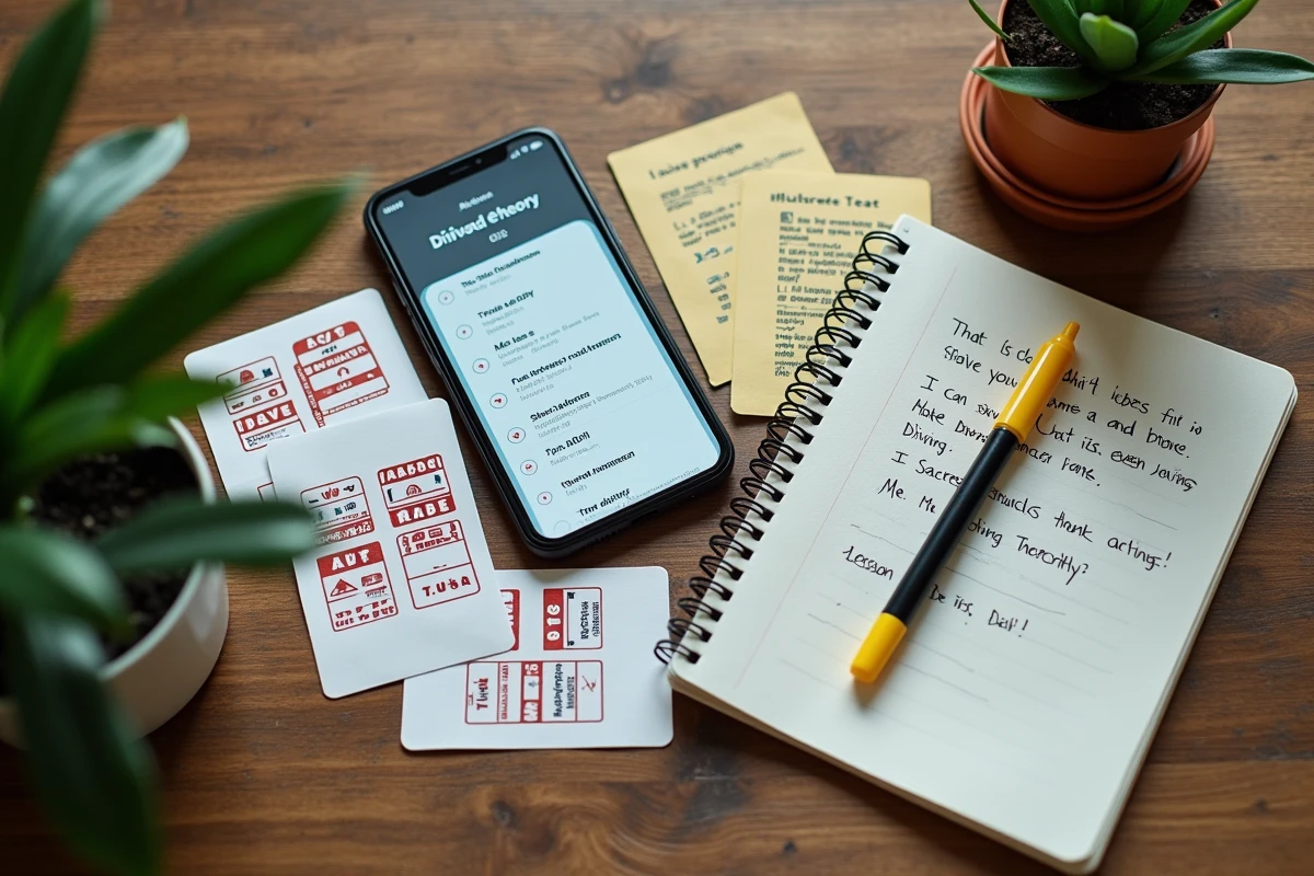 Vue du dessus d'une table d'étude avec smartphone affichant un quiz de code de la route, fiches mémo et cahier de notes pour préparer le permis en 10 jours