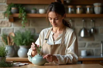 Femme préparant une tisane de thym frais dans une théière en céramique dans une cuisine rustique