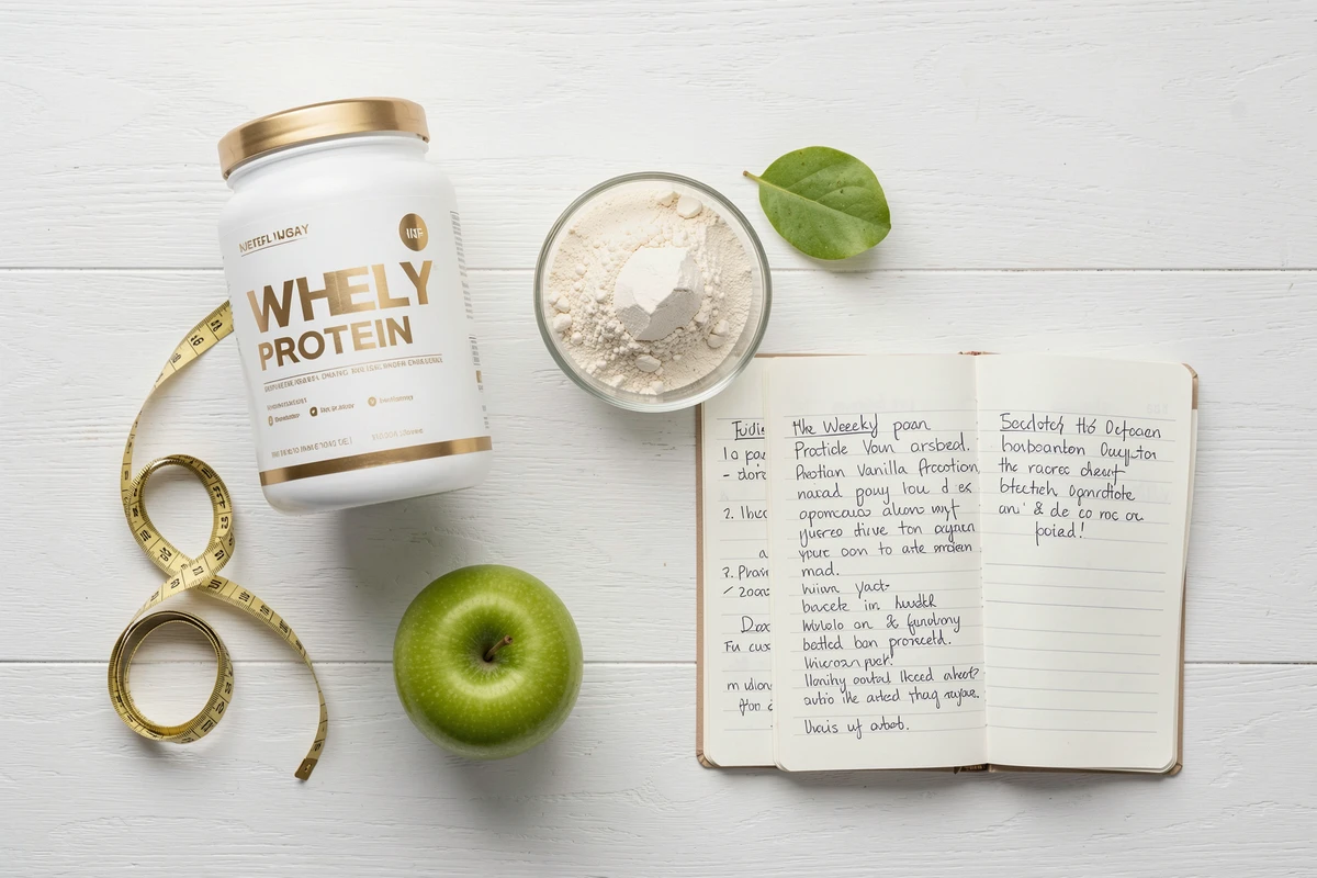 Vue de dessus d'un programme de perte de poids avec whey protéine, ruban de mesure et carnet nutritionnel sur fond bois blanc