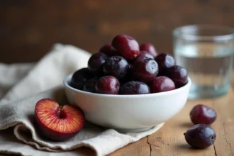 Bol de pruneaux séchés sur une table en bois rustique avec un verre d'eau, pour illustrer les bienfaits des pruneaux contre la constipation