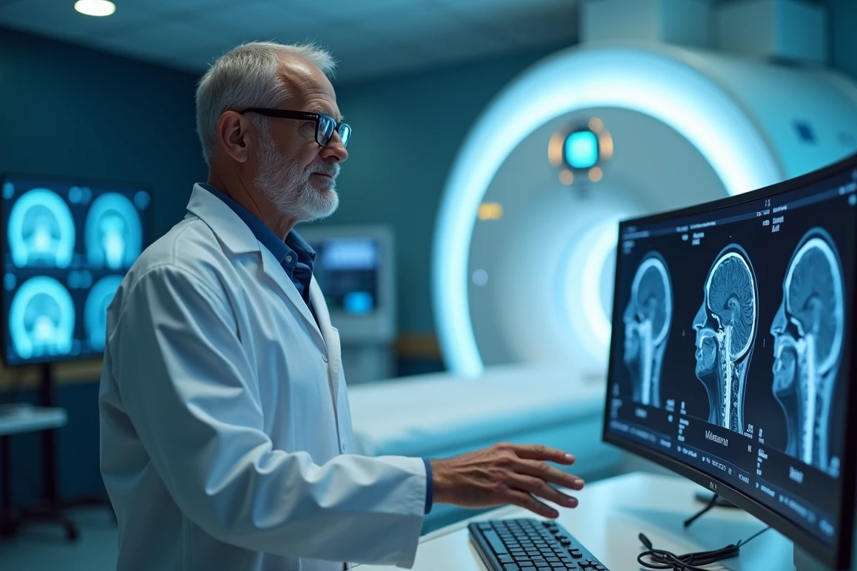 Radiologue expliquant les résultats d'une IRM devant une console médicale
