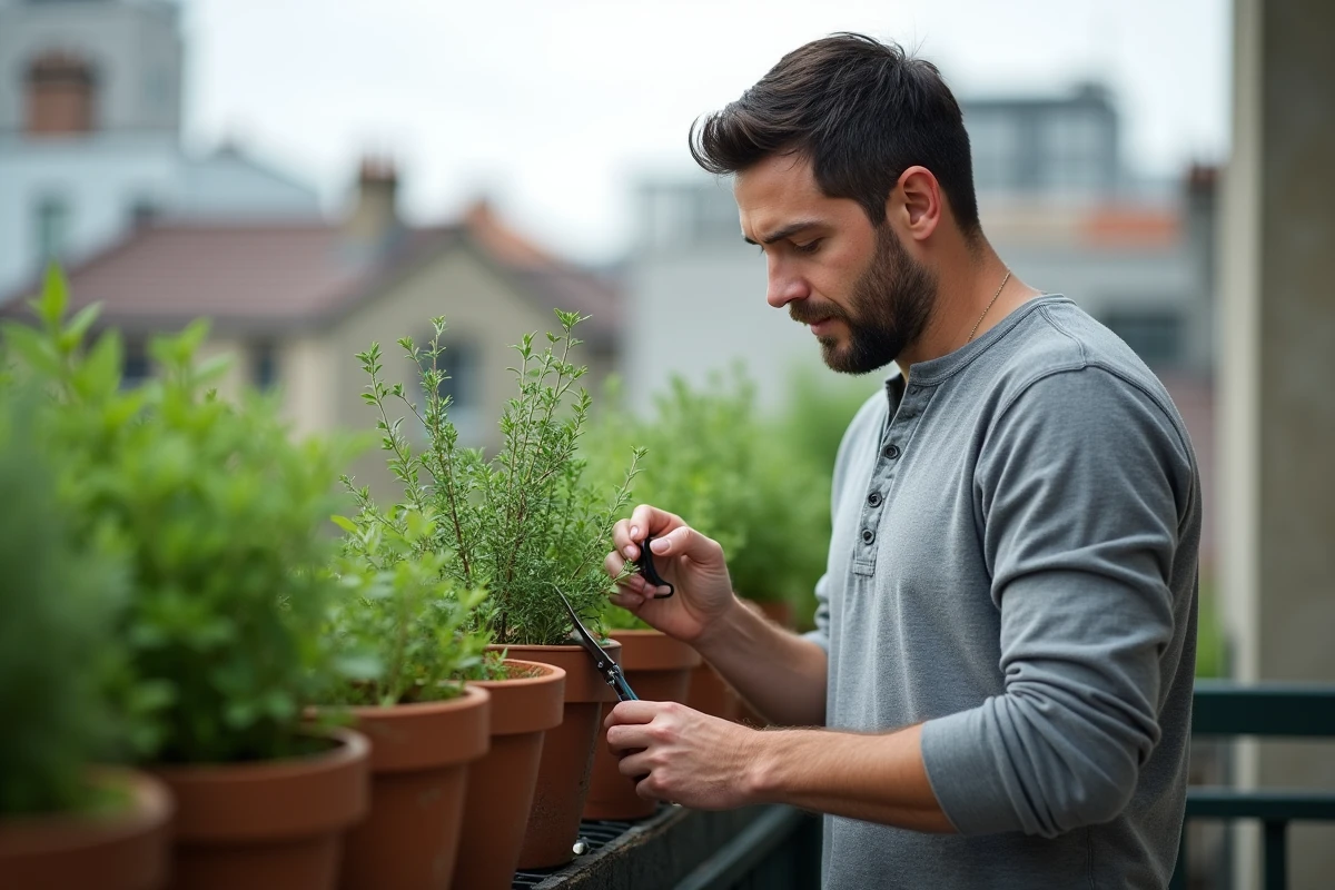 Homme récoltant du thym frais dans des pots en terre cuite sur un balcon urbain pour préparer une tisane