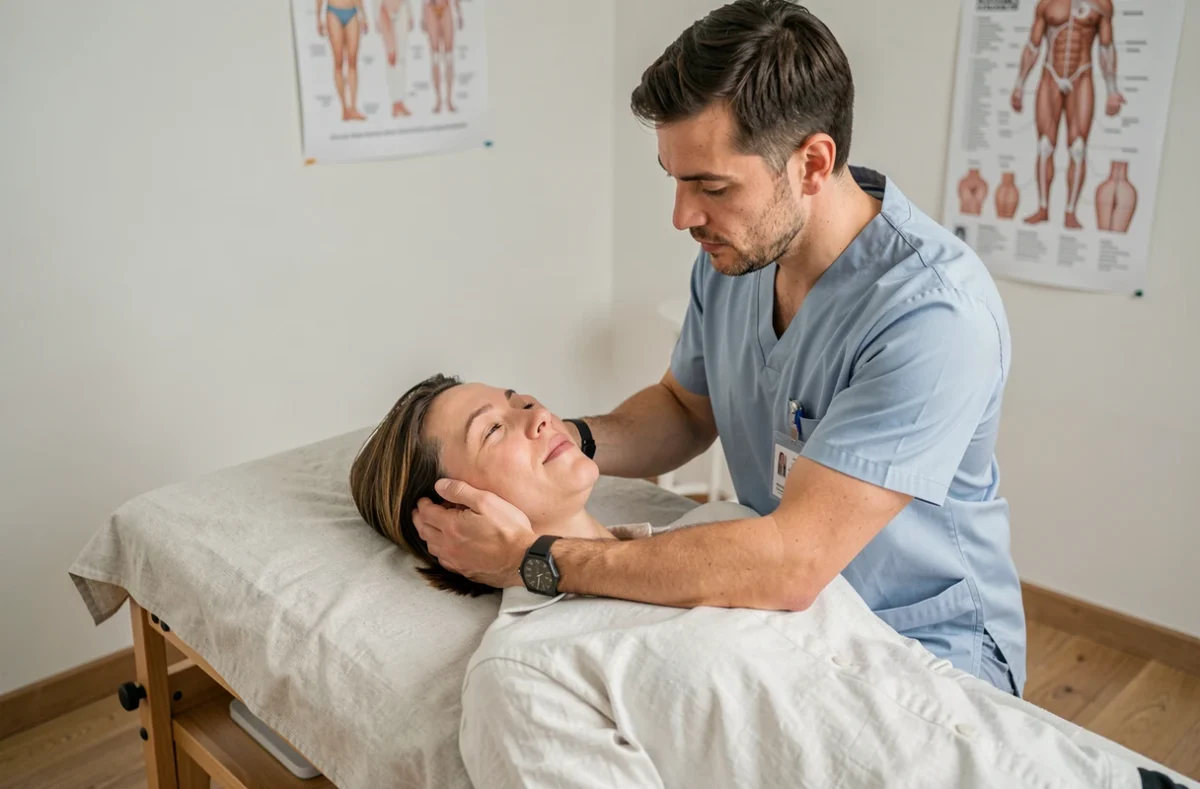 Kinésithérapeute effectuant une rééducation neuromusculaire faciale sur un patient pour traiter une paresthésie