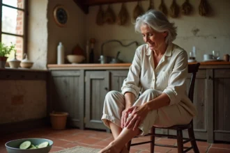 Femme massant sa cheville gonflée avec un remède de grand-mère après une longue marche