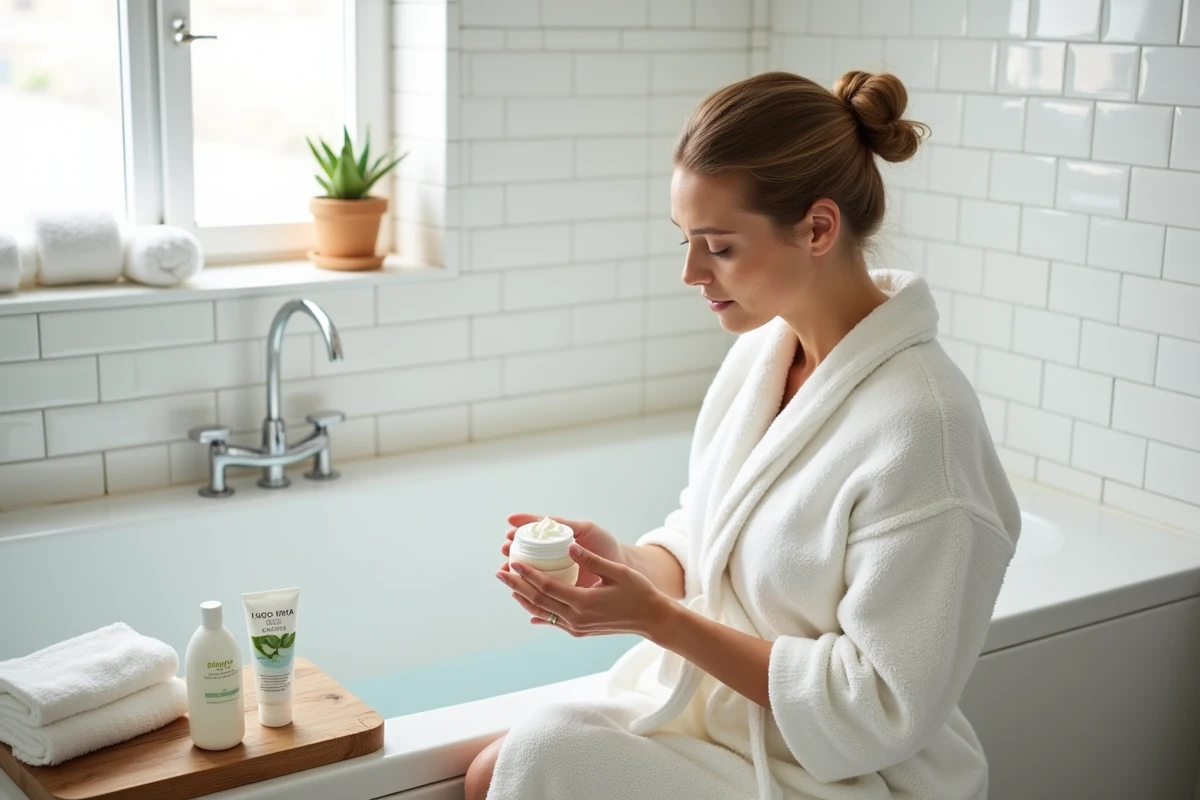 Femme en peignoir examinant des remèdes naturels comme le yaourt et l'aloe vera dans une salle de bain moderne