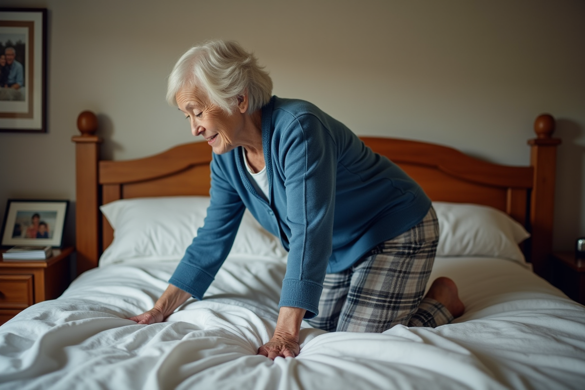 Femme âgée en pyjama bleu prépare son lit avec douceur