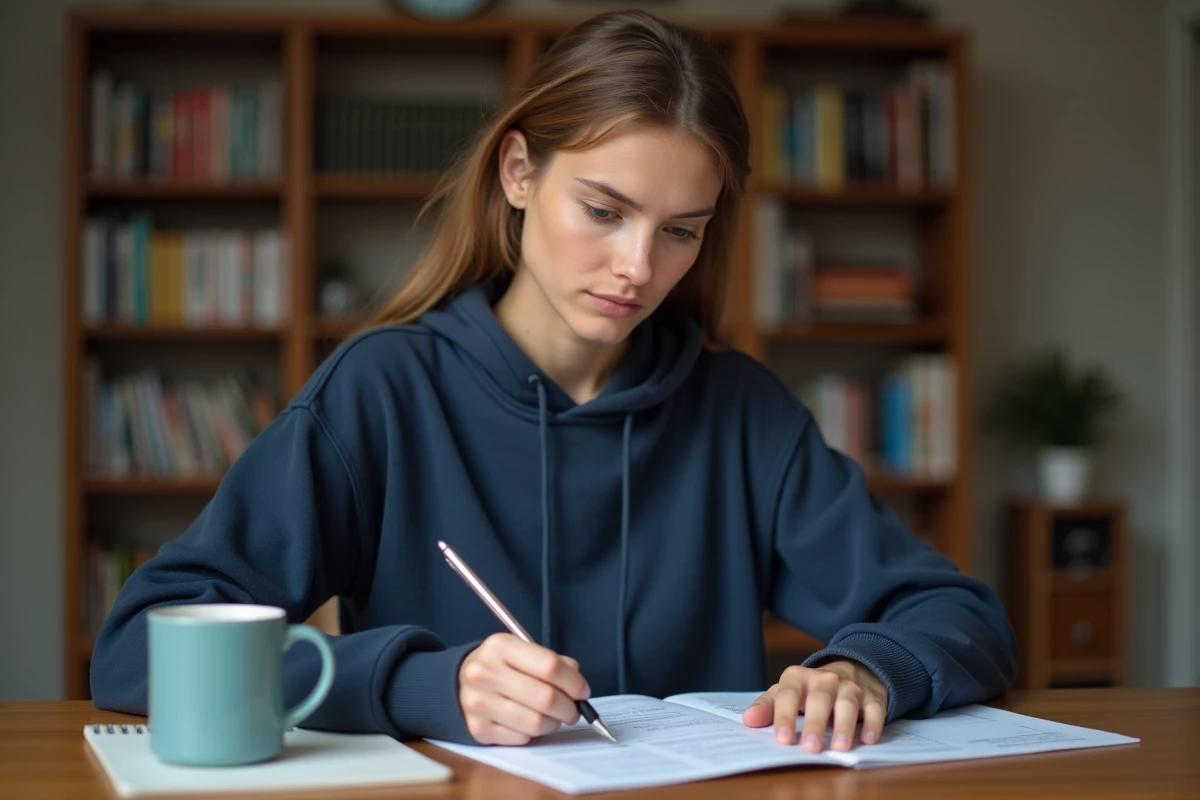 Jeune femme révisant le code de la route sur un bureau en bois avec des notes manuscrites pour obtenir son permis de conduire rapidement