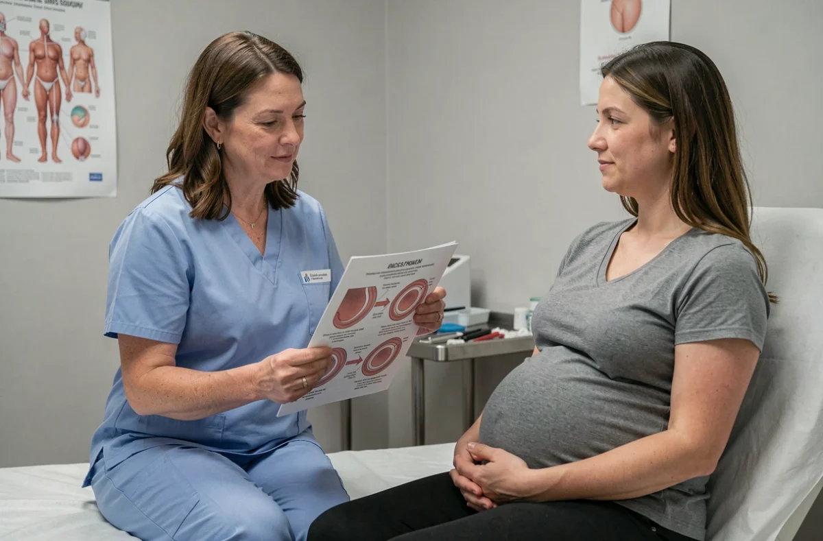 Sage-femme expliquant un schéma de dilatation du col à une femme enceinte lors d'une consultation prénatale