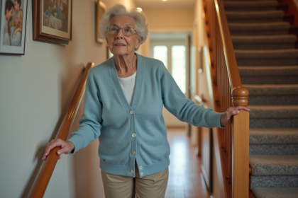 Femme âgée descend des escaliers dans une maison chaleureuse