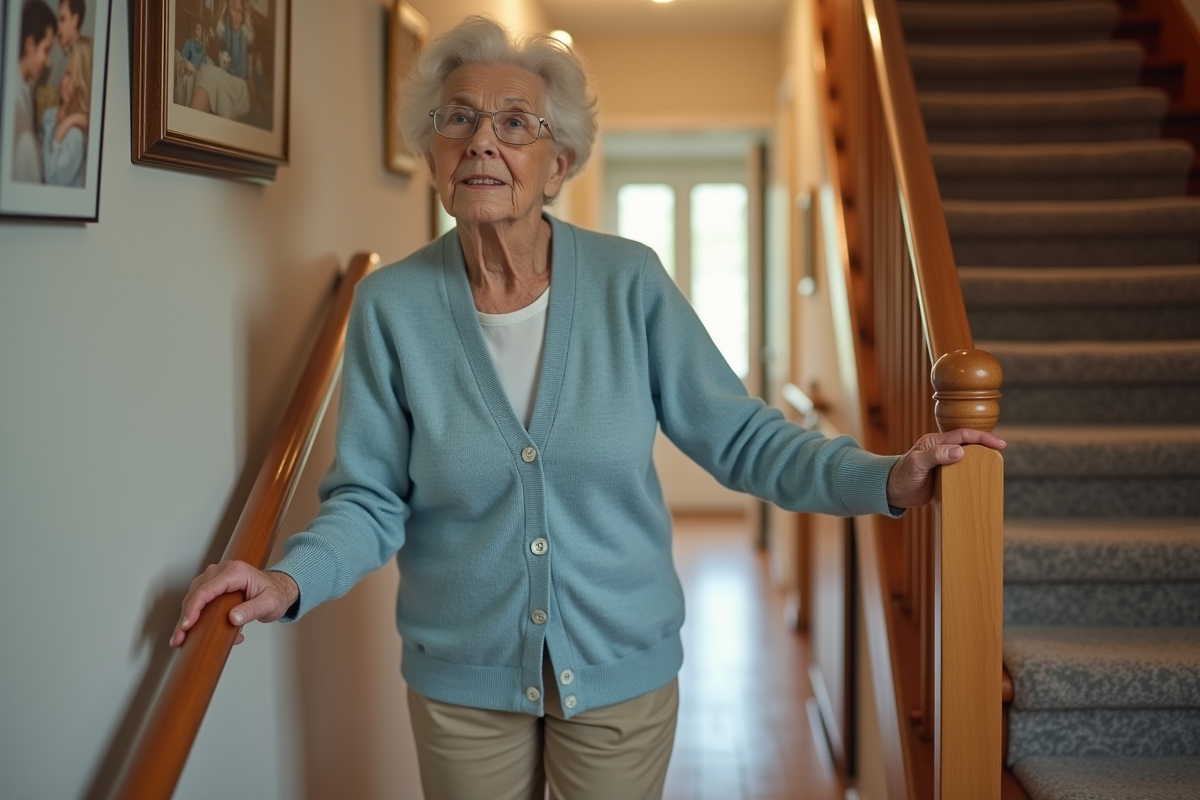 Femme âgée descend des escaliers dans une maison chaleureuse