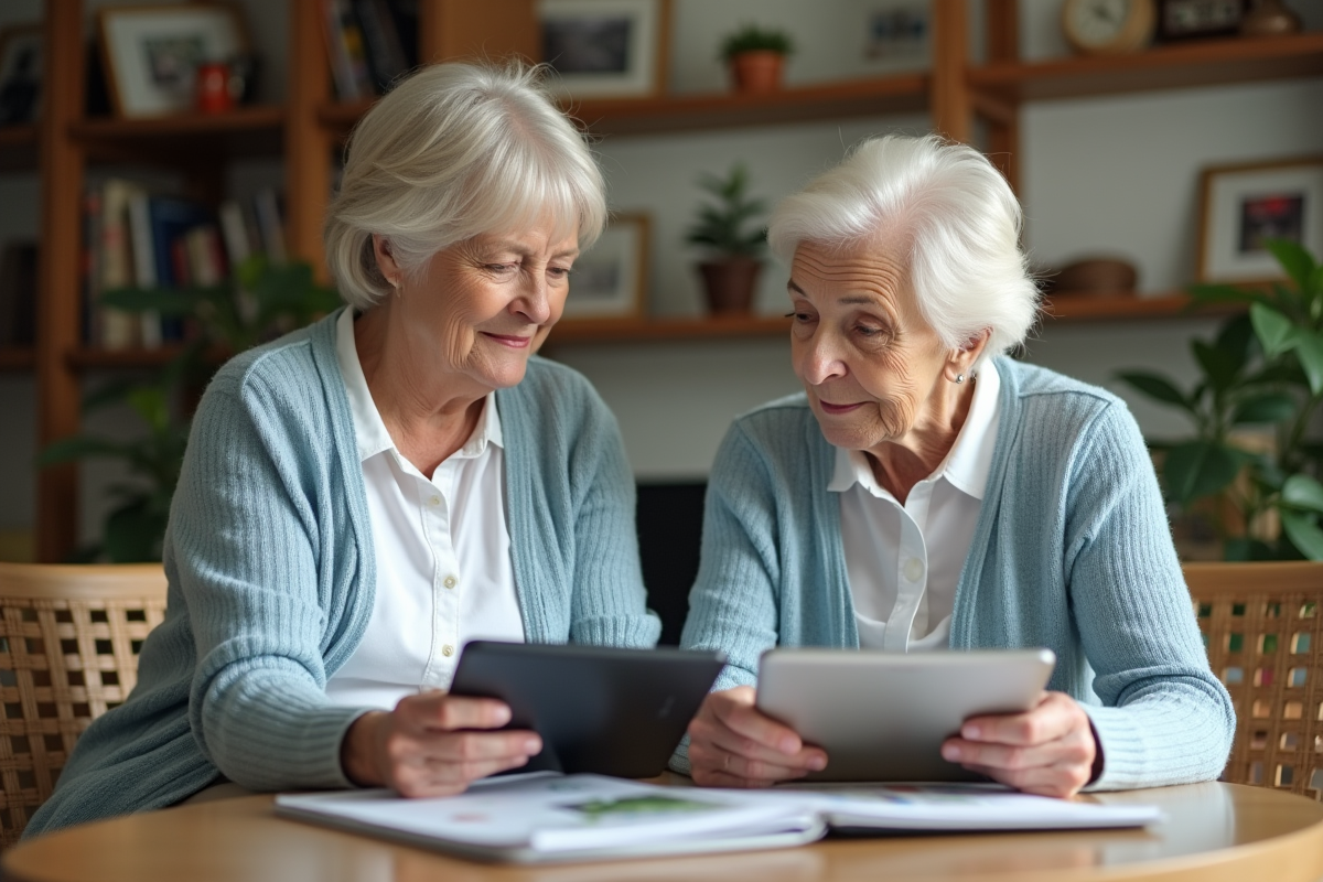 Femme senior et fille discutant avec brochures et table