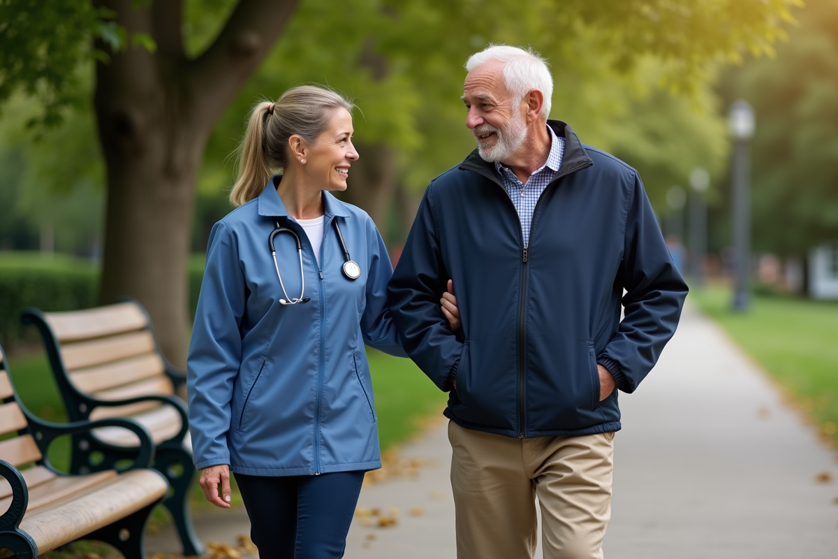 Homme senior et aidant dans un parc en promenade