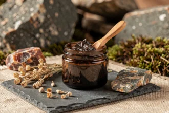 Pot de shilajit pur de l'Himalaya en verre ambré posé sur une ardoise avec des roches naturelles et des herbes séchées