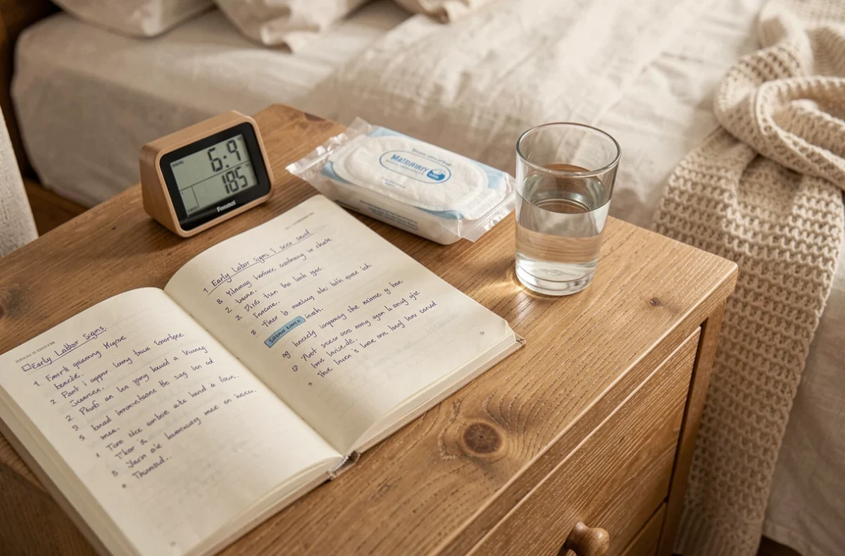 Table de chevet avec journal de grossesse ouvert sur les signes du travail, protections maternité et réveil, ambiance chambre matin
