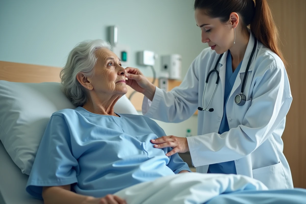 Femme âgée en gown hospitalier examinée par une infirmière