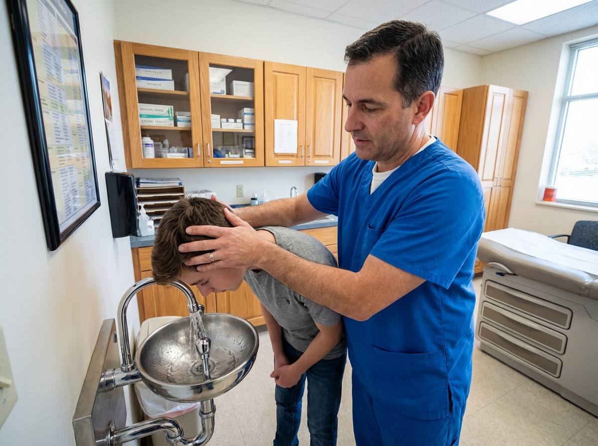 Médecin aidant un adolescent à utiliser un lave-œil en milieu scolaire