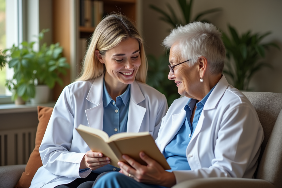 Infirmière lisant un livret à un patient âgé