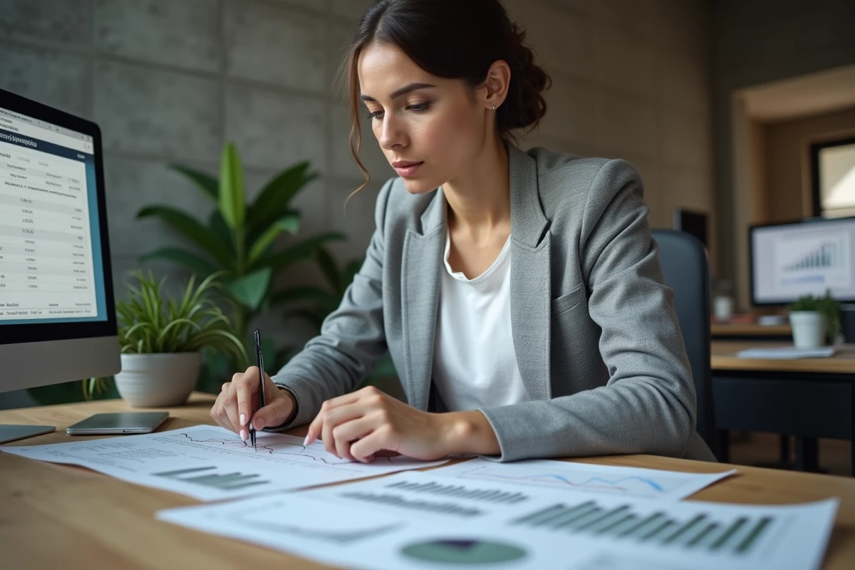 Femme analyste consultant des graphiques statistiques sur l'évolution de la taille moyenne des femmes françaises depuis 1950