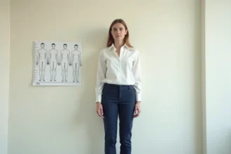 Femme française adulte debout contre un mur avec échelle de mesure anthropométrique illustrant la taille moyenne en France