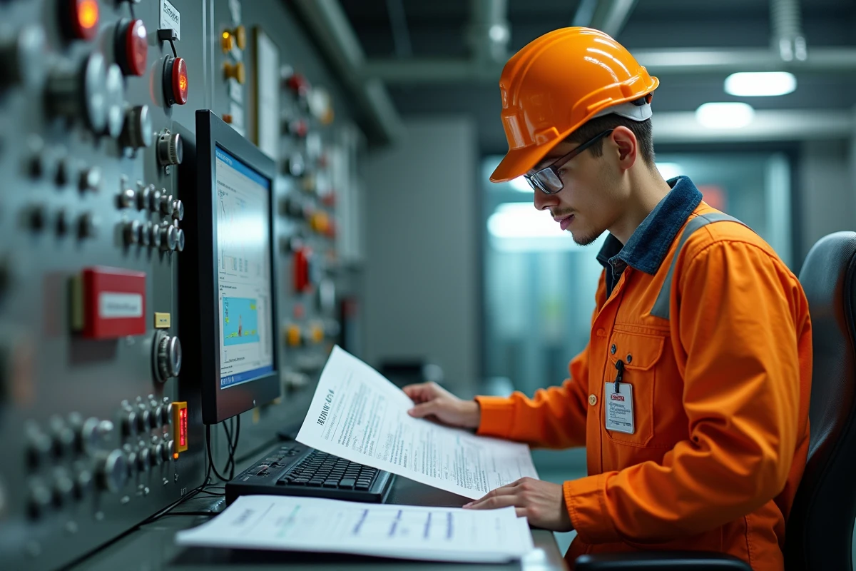 Jeune homme en overalls orange dans une salle de contrôle électrique