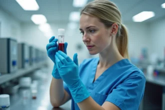 Technicienne de laboratoire examinant un tube de sang pour analyse des globules rouges et taux TCMH
